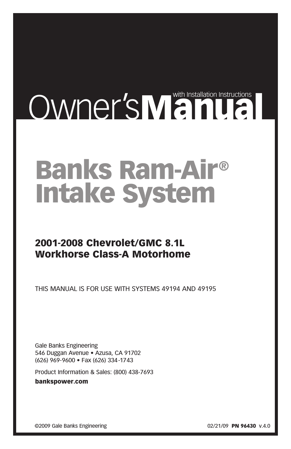 GM Motorhomes: (Gas ’01 - 10 8.1L Workhorse) Intake- Ram-Air Intake system '01-08 Class-A MH
