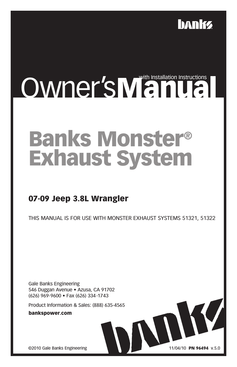 Jeep Trucks: (Gas ’07 - 11 3.8L) Exhaust- Monster Exhaust, Single out the back '07-09 3.8L Wrangler