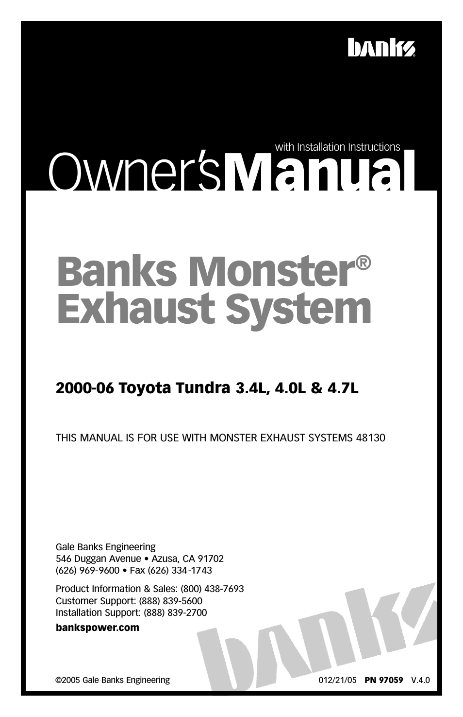 Toyota Trucks: (Gas ’00 - 06 3.4, 4.0 & 4.7L Tundra) Exhaust- Monster Exhaust, Single Passenger side exit '00-06 3.4L, 4.0L & 4.7L