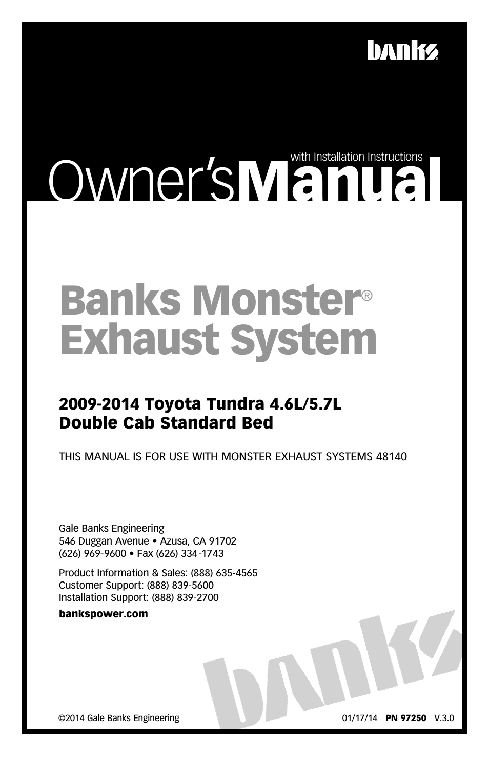 Toyota Trucks: (Gas ’07 - 14 5.7L Tundra) Exhaust- Monster Exhaust, Single Passenger side exit '09-10 Double Cab Standard Bed