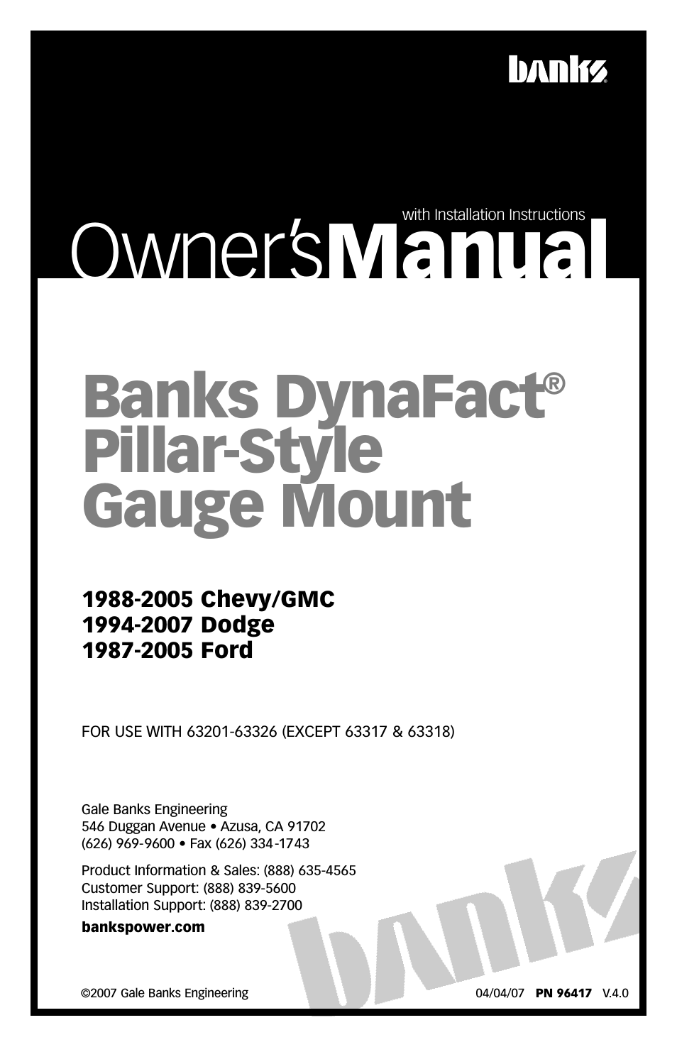 DynaFact pillar-style gauge mount ('88-05 Chevy_GMC), ('94-07 Dodge), ('87-05 Ford)