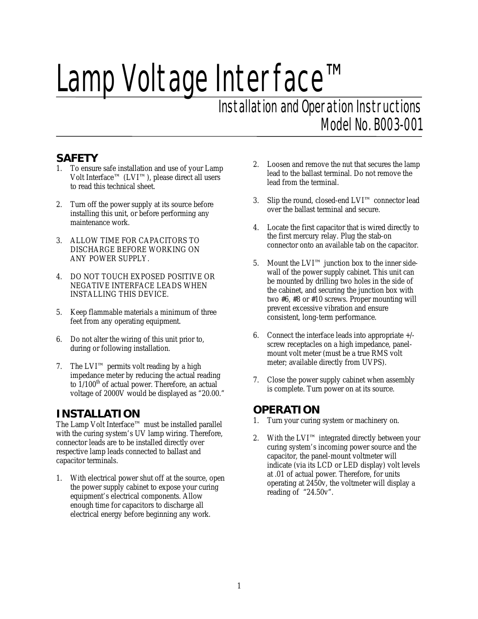 Lamp Voltage Interface B003-001