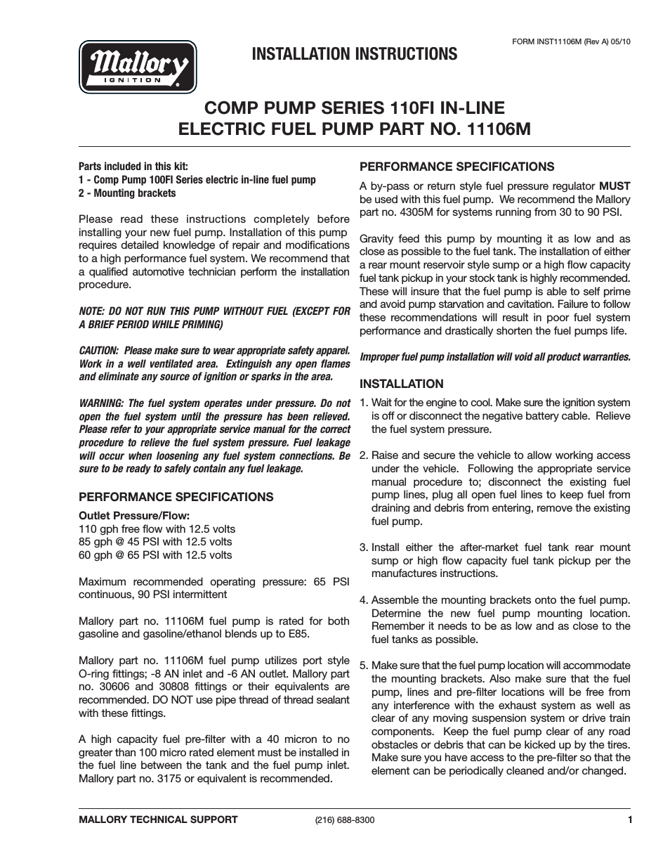Mallory COMP PUMP SERIES 110FI IN-LINE ELECTRIC FUEL PUMP 11106M