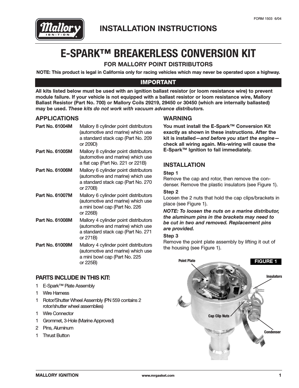 Mallory E-SPARK BREAKERLESS CONVERSION KIT 61004M_61005M