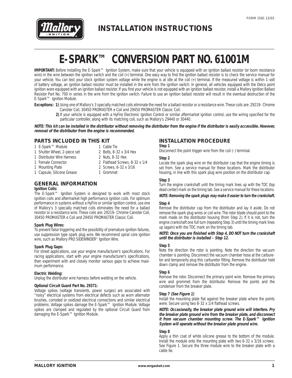 Mallory E-SPARK CONVERSION PART 61001M