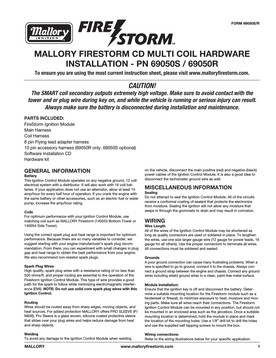 Mallory FIRESTORM CD MULTI COIL HARDWARE 69050S-69050R