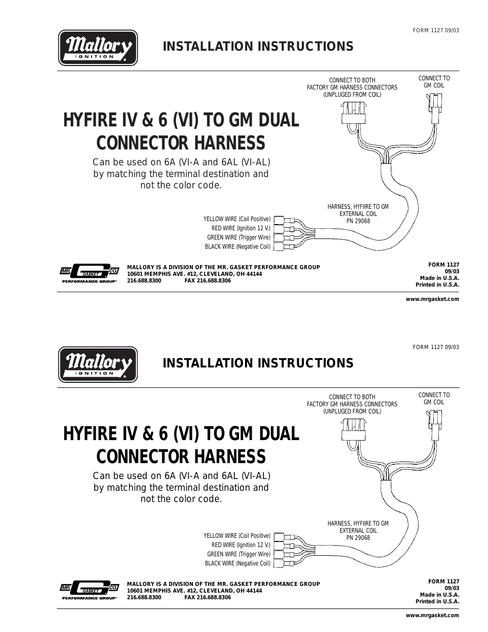 Mallory HYFIRE IV & 6 (VI) TO GM DUAL CONNECTOR HARNESS 29068