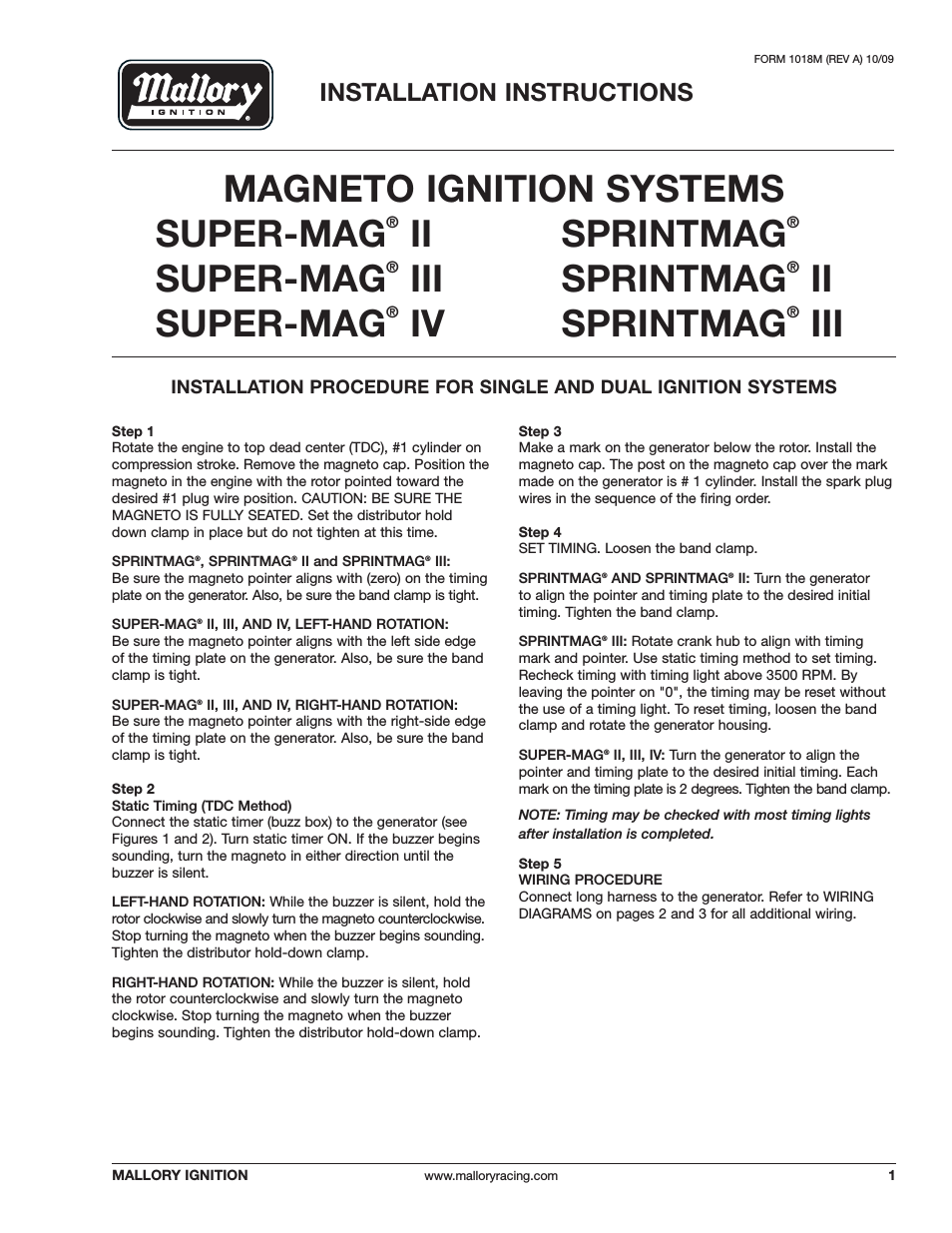 Mallory MAGNETO IGNITION SYSTEMS SPRINTMAG, SPRINTMAG II,III