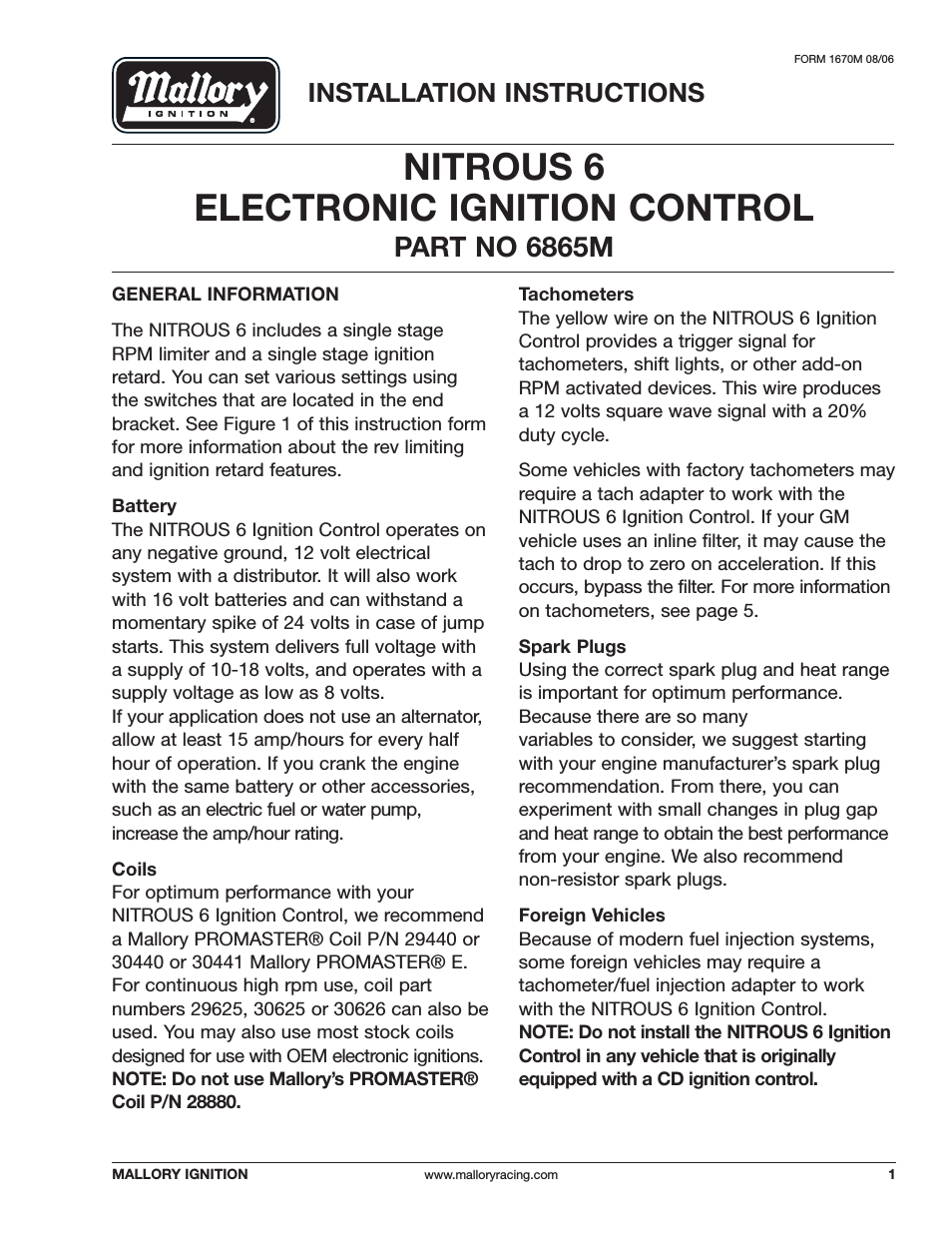 Mallory NITROUS 6 ELECTRONIC IGNITION CONTROL 6865M