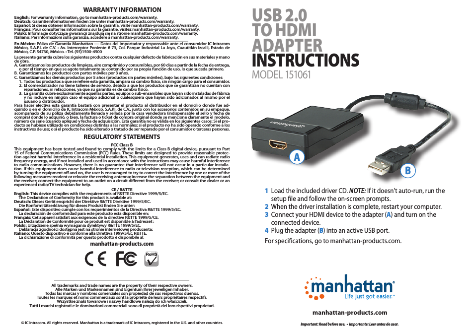 151061 USB 2.0 to HDMI Adapter - Quick Install (Multi)