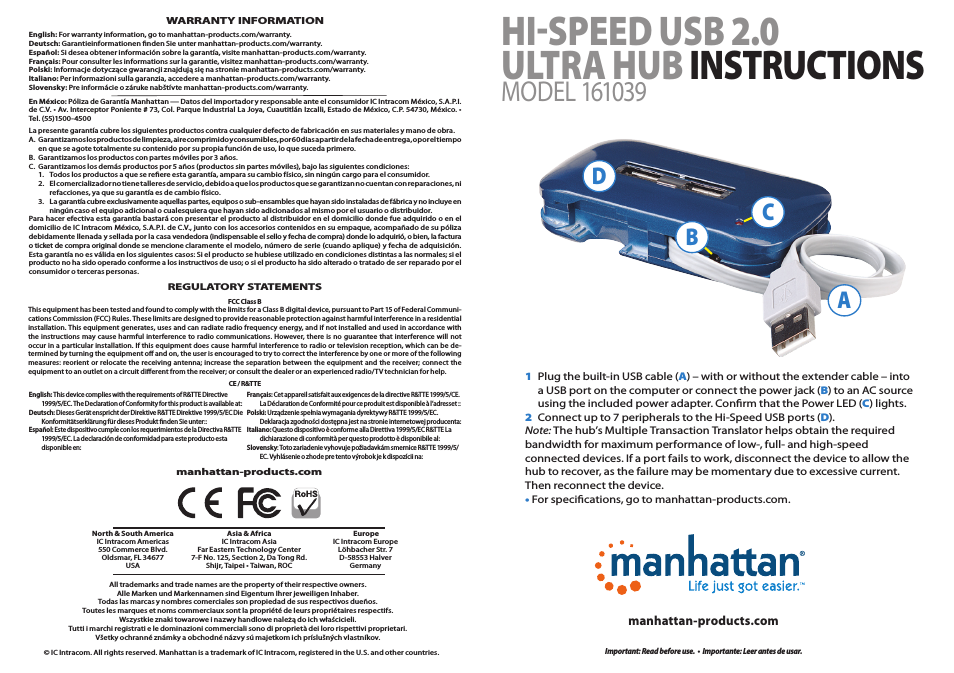 161039 Hi-Speed USB 2.0 Ultra Hub - Quick Install (Multi)