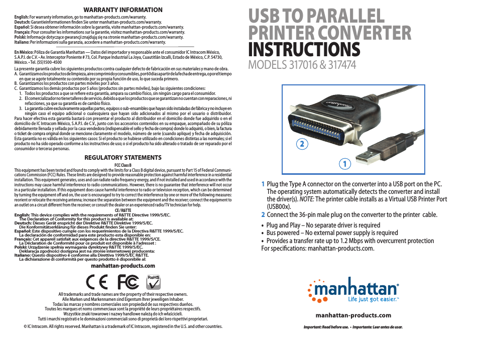 317474 USB to Parallel Printer Converter - Quick Install (Multi)