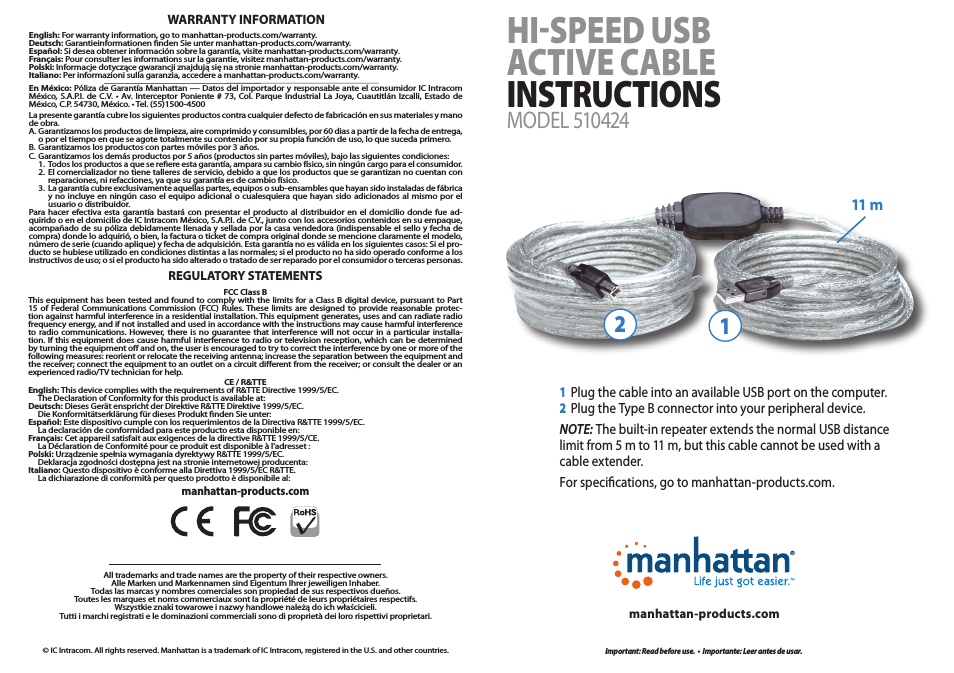 510424 Hi-Speed USB Active Cable - Quick Install (Multi)