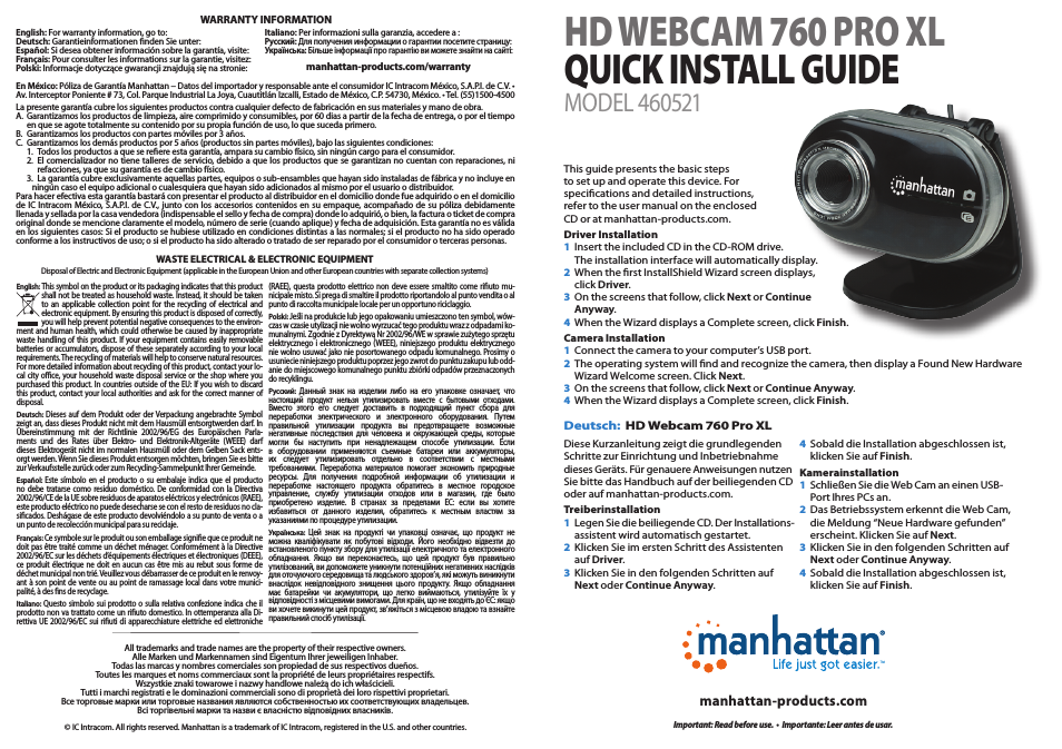 460521 HD Webcam 760 Pro XL - Quick Install (Multi)
