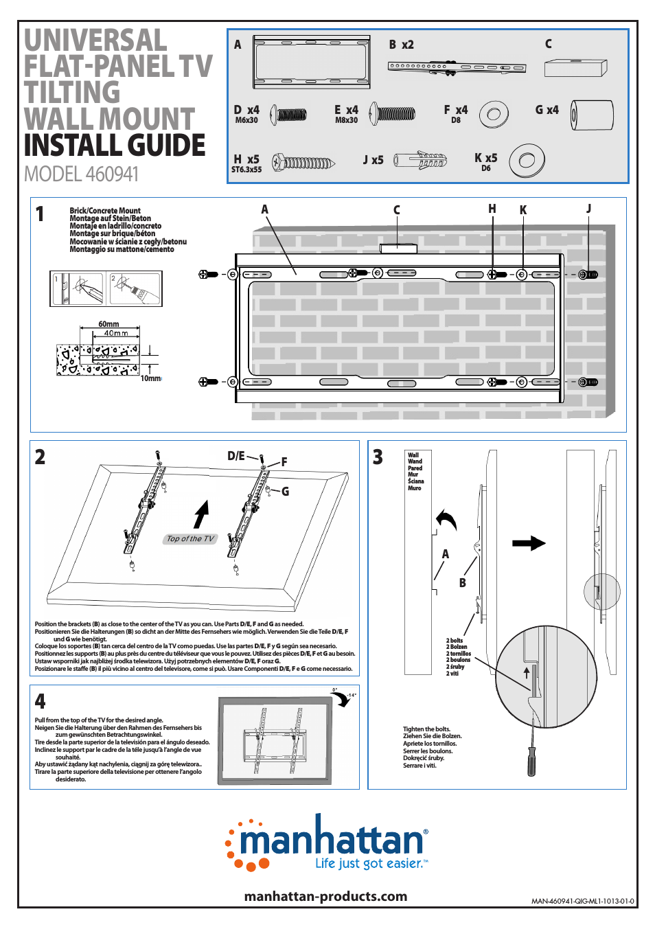 460941 Universal Flat-Panel TV Tilting Wall Mount - Quick Install (Multi)