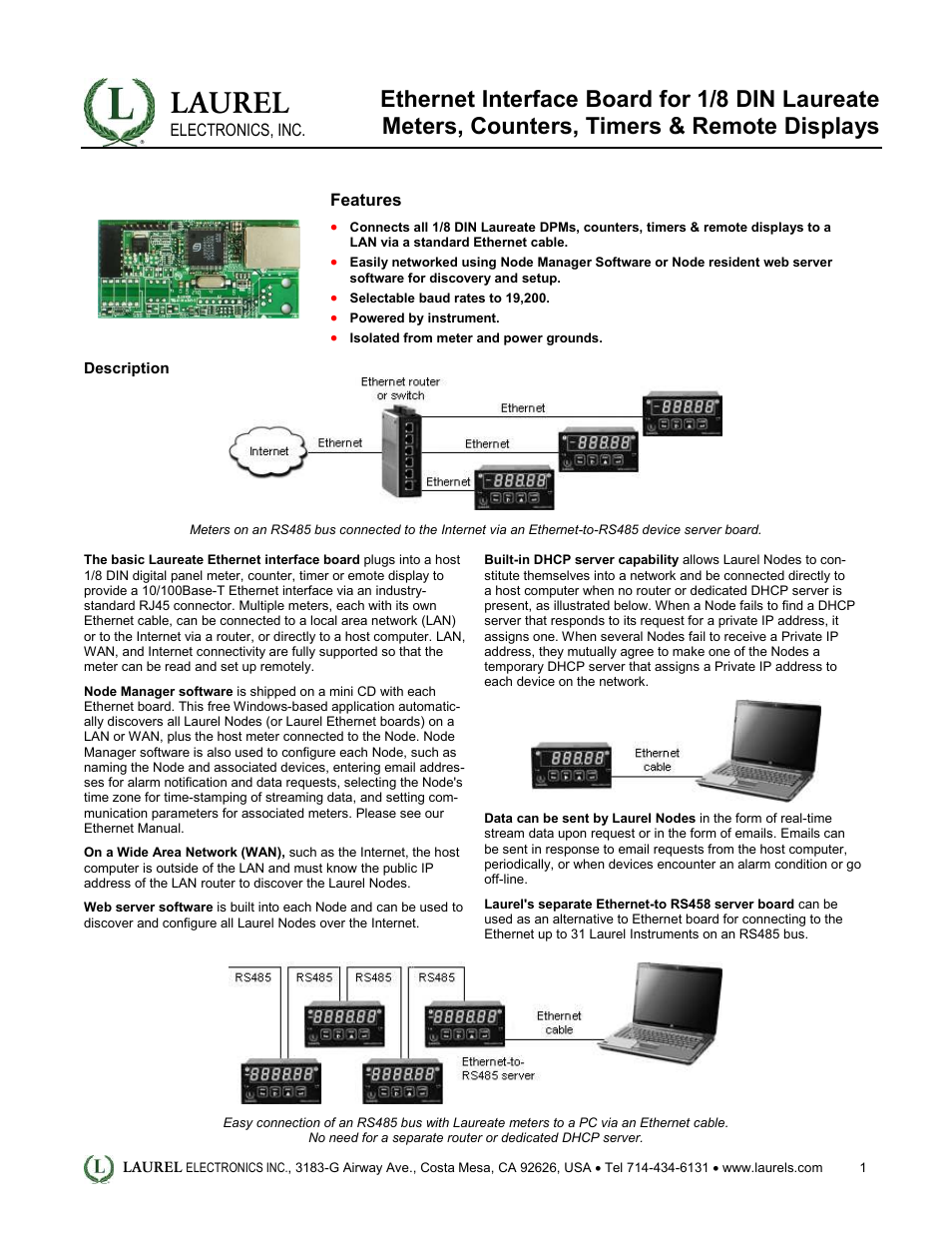 Ethernet Interface Board for 1_8 DIN Laureate Meters, Counters, Timers & Remote Displays