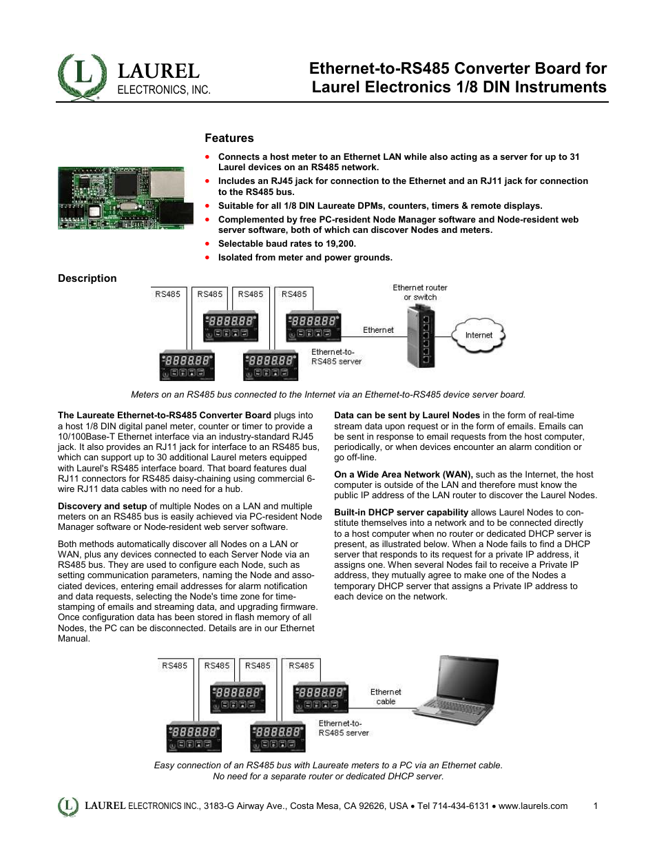 Ethernet-to-RS485 Converter Board for Laurel Electronics 1_8 DIN Instruments
