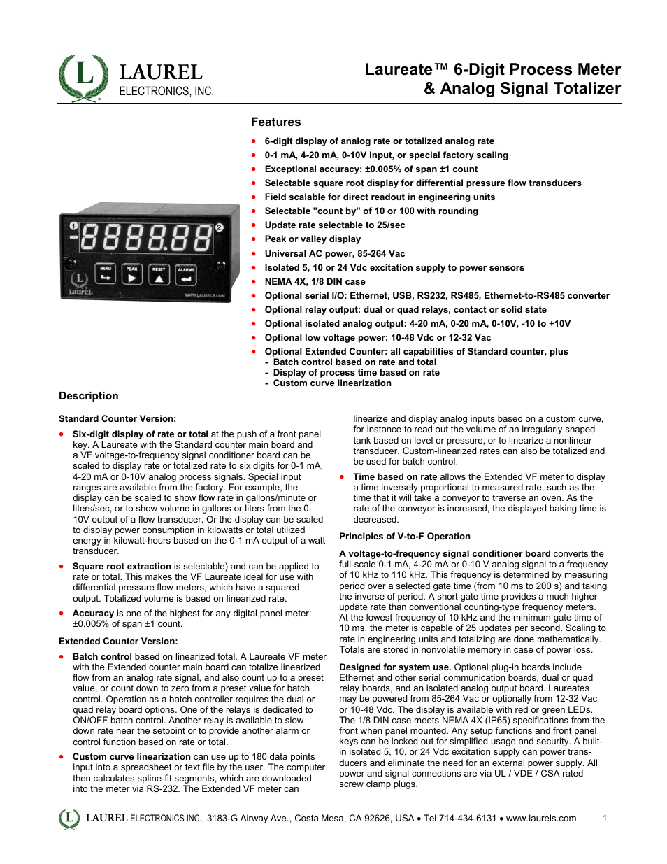 Laureate 6-Digit Process Meter & Analog Signal Totalizer