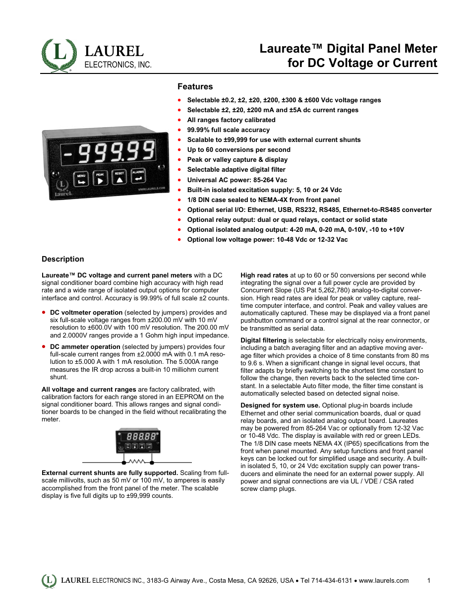 Laureate Digital Panel Meter for DC Voltage or Current