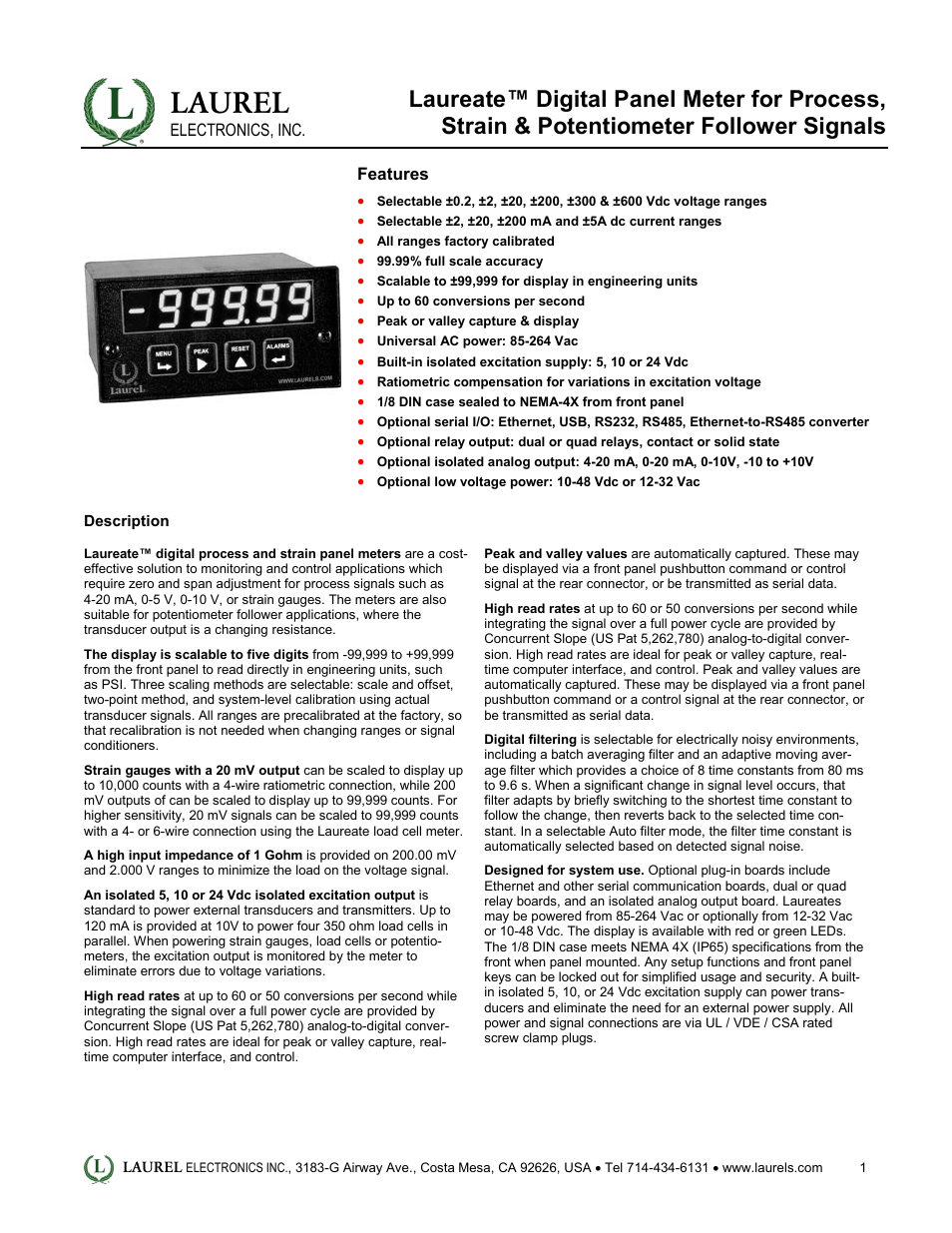 Laureate Digital Panel Meter for Process, Strain & Potentiometer Follower Signals