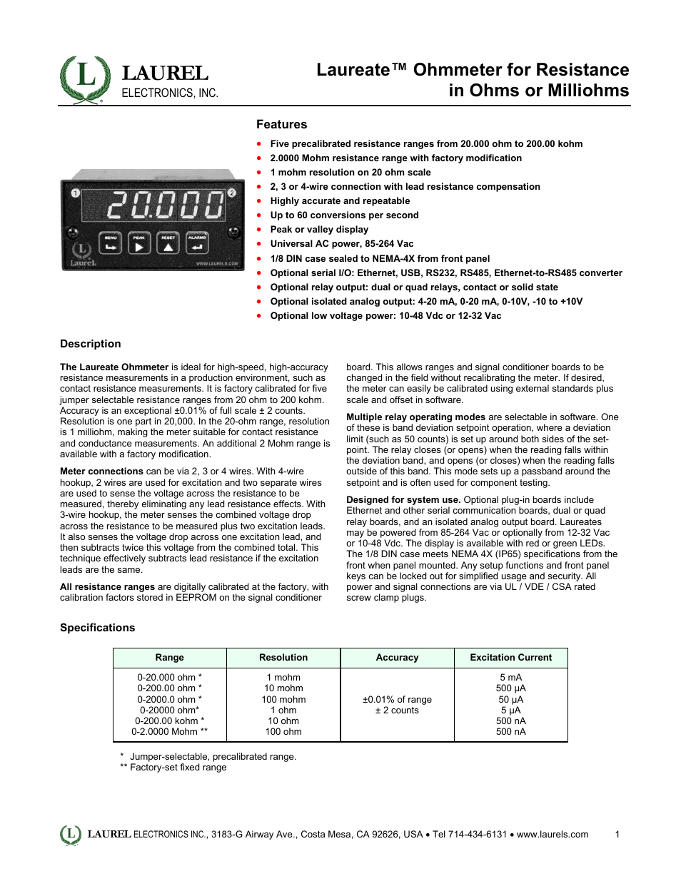 Laureate Ohmmeter for Resistance in Ohms or Milliohms