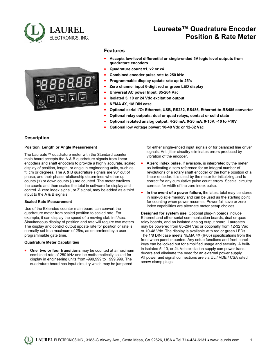 Laureate Quadrature Encoder Position & Rate Meter