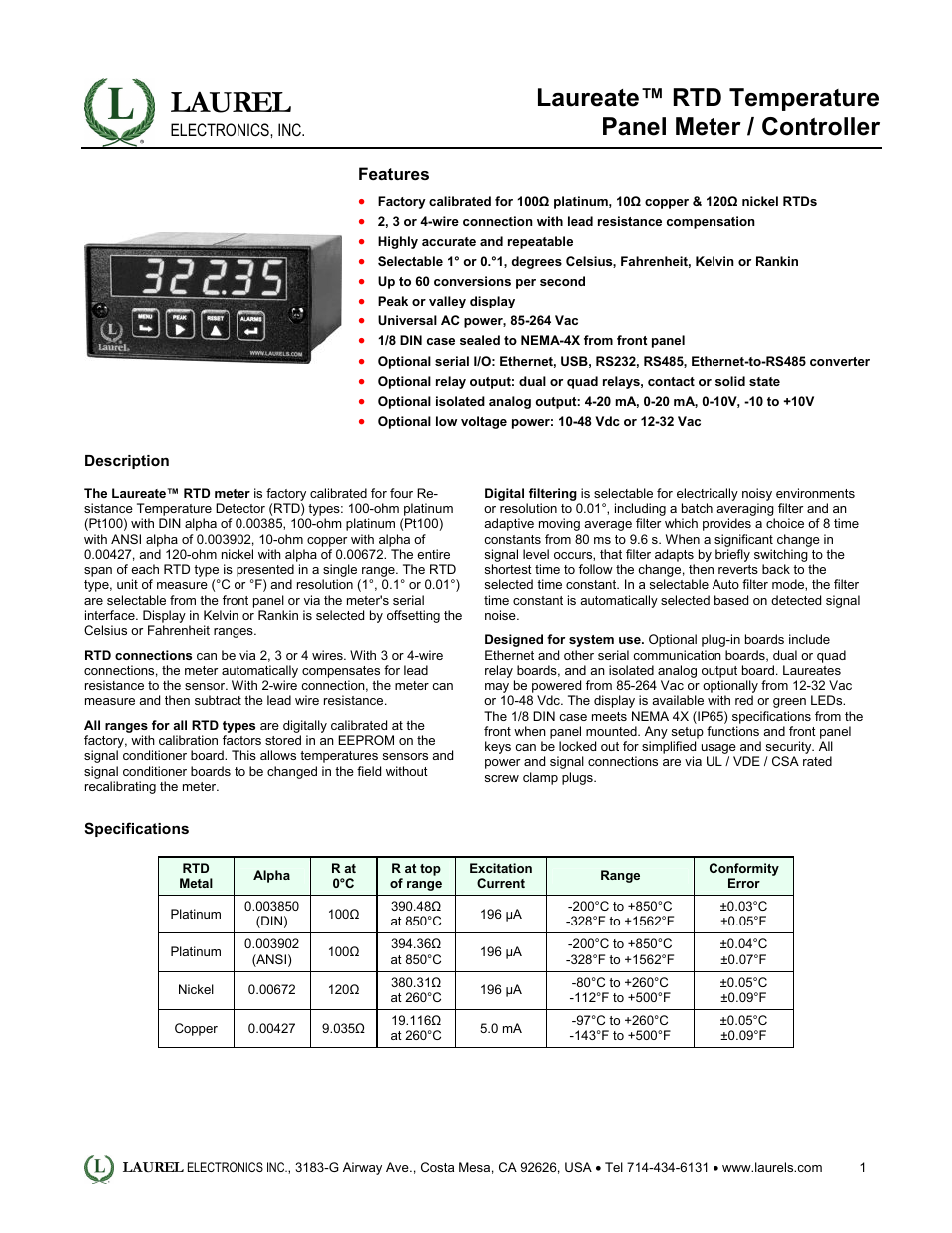 Laureate RTD Temperature Panel Meter-Controller