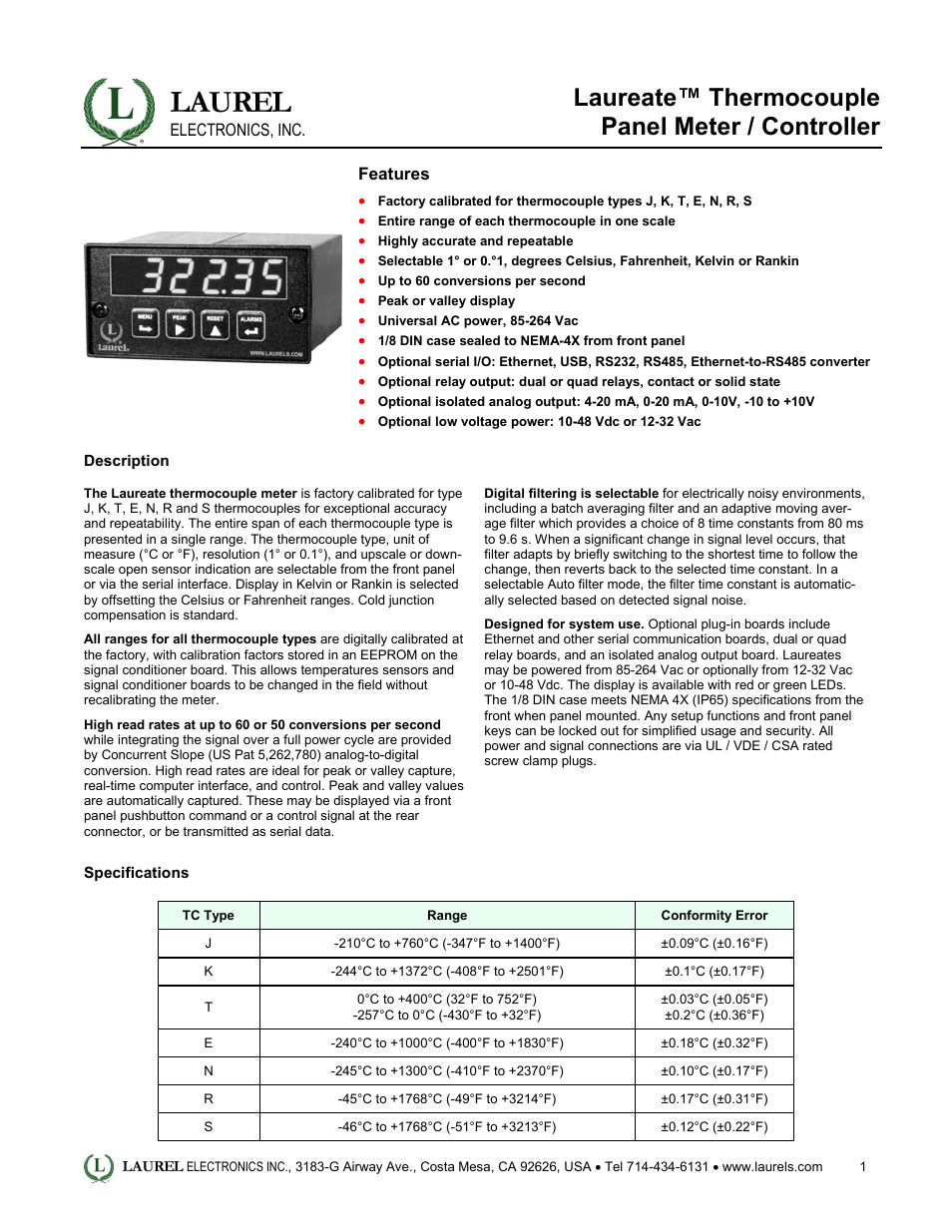 Laureate Thermocouple Panel Meter-Controller