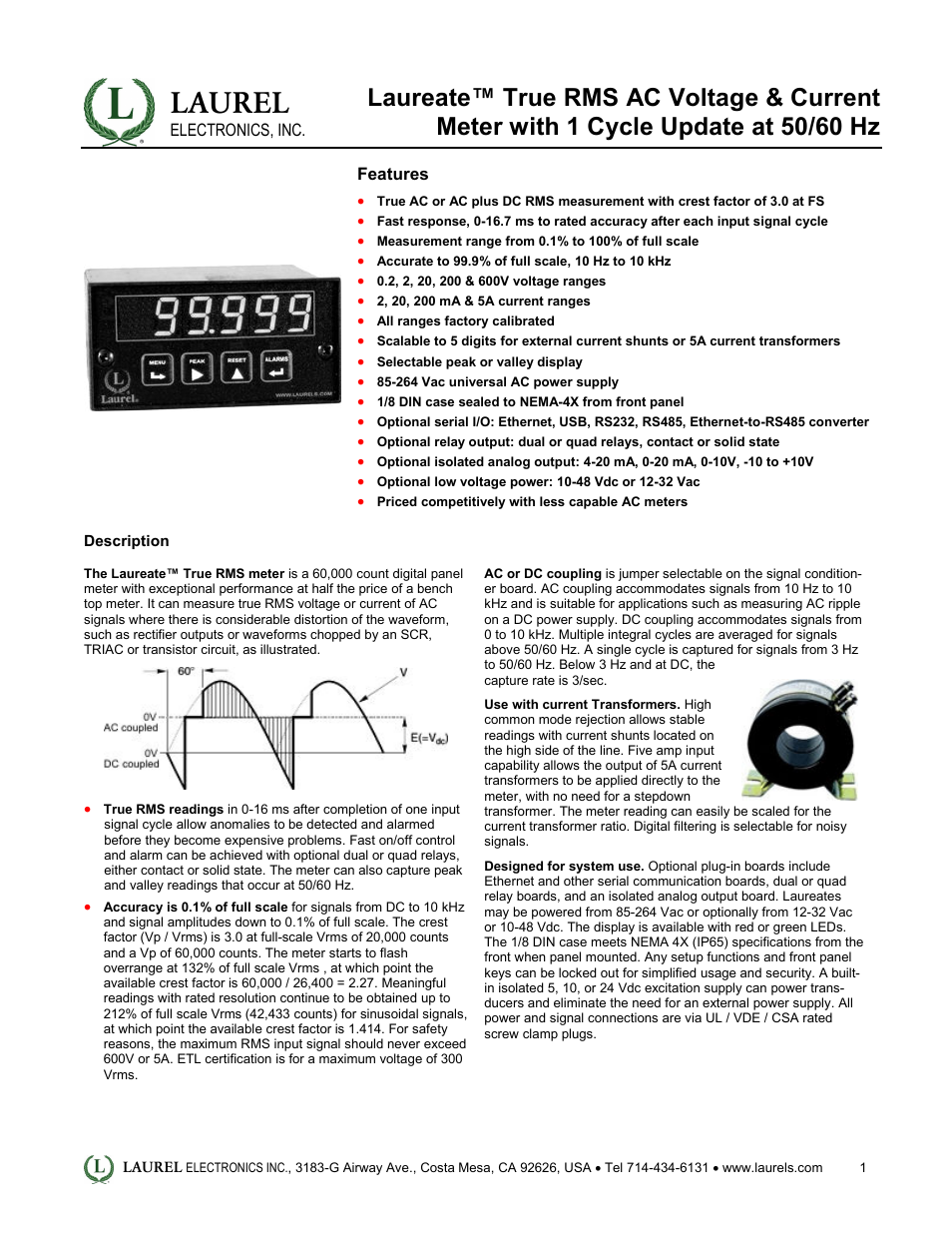 Laureate True RMS AC Voltage & Current Meter with 1 Cycle Update at 50-60 Hz