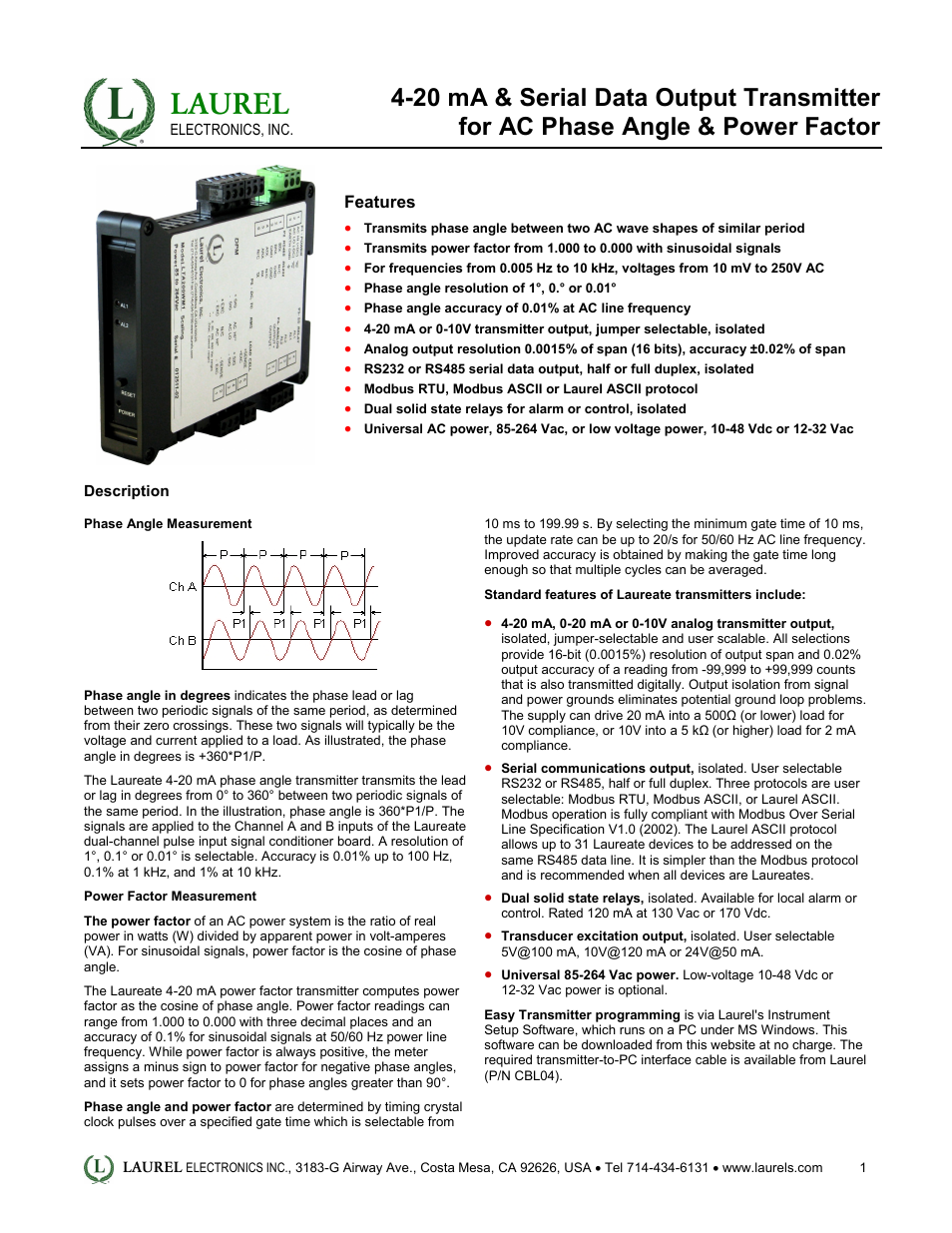 LT: 4-20 mA & Serial Data Output Transmitter for AC Phase Angle & Power Factor