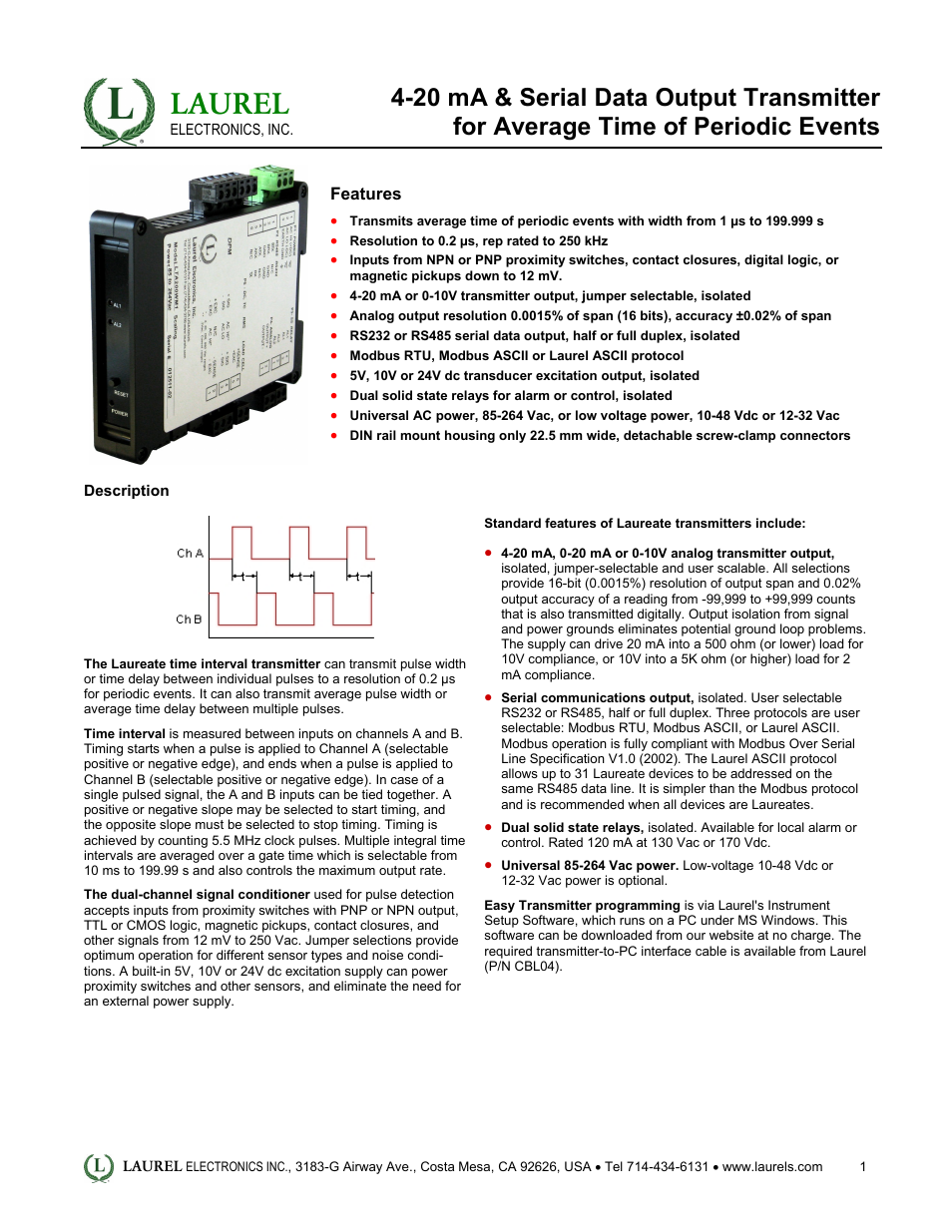 LT: 4-20 mA & Serial Data Output Transmitter for Average Time of Periodic Events
