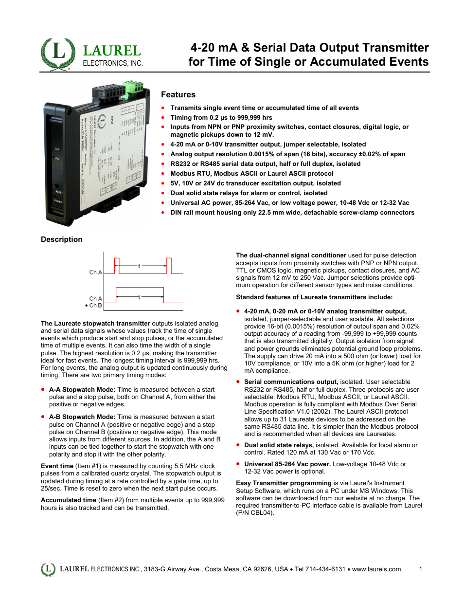 LT: 4-20 mA & Serial Data Output Transmitter for Time of Single or Accumulated Events
