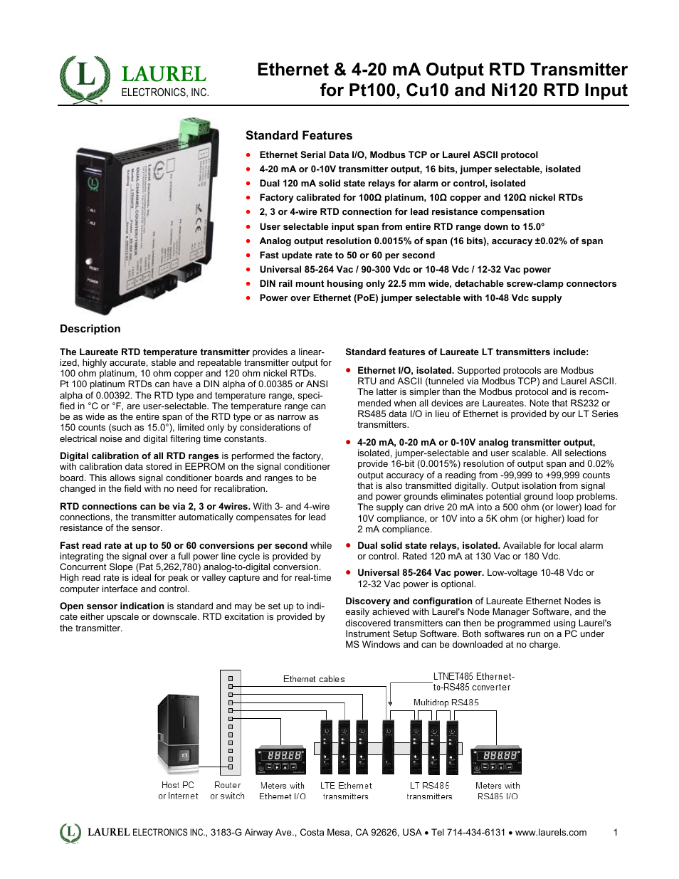 LTE: Ethernet & 4-20 mA Output RTD Transmitter for Pt100, Cu10 and Ni120 RTD Input