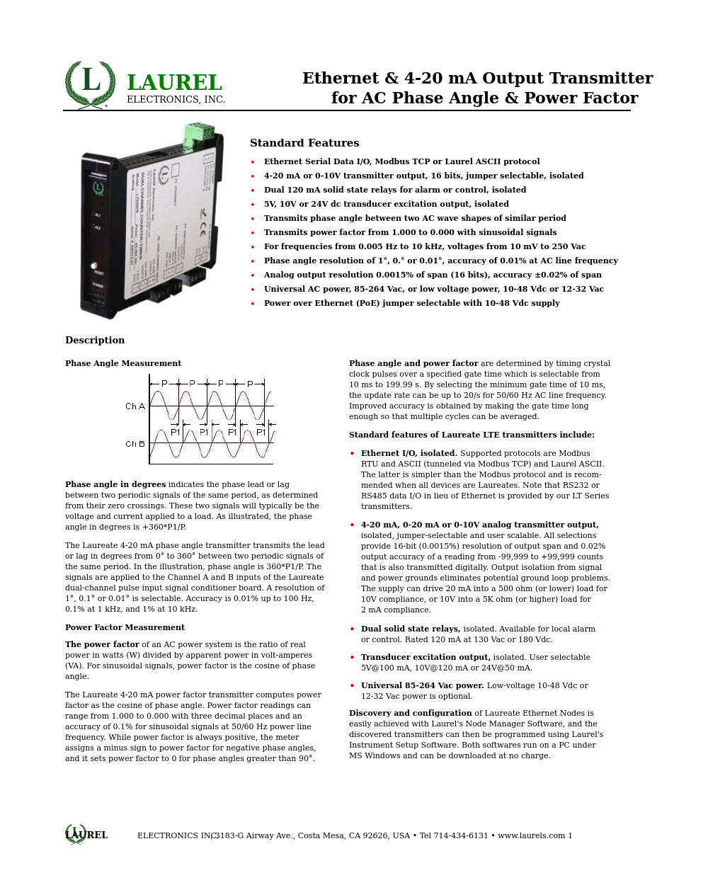 LTE: Ethernet & 4-20 mA Output Transmitter for AC Phase Angle & Power Factor