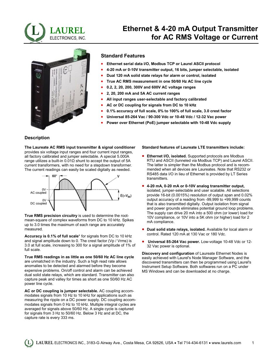 LTE: Ethernet & 4-20 mA Output Transmitter for AC RMS Voltage or Current