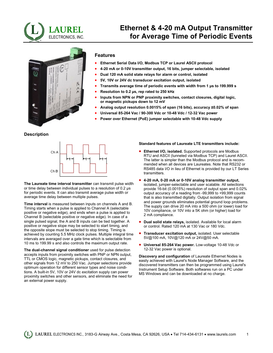 LTE: Ethernet & 4-20 mA Output Transmitter for Average Time of Periodic Events