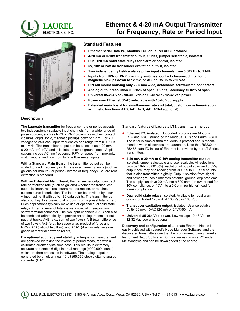 LTE: Ethernet & 4-20 mA Output Transmitter for Frequency, Rate or Period Input