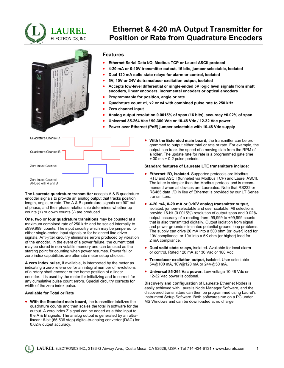 LTE: Ethernet & 4-20 mA Output Transmitter for Position or Rate from Quadrature Encoders