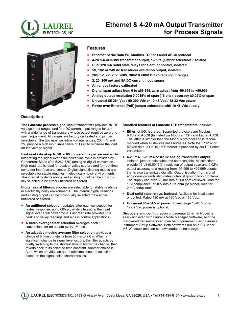 LTE: Ethernet & 4-20 mA Output Transmitter for Process Signals