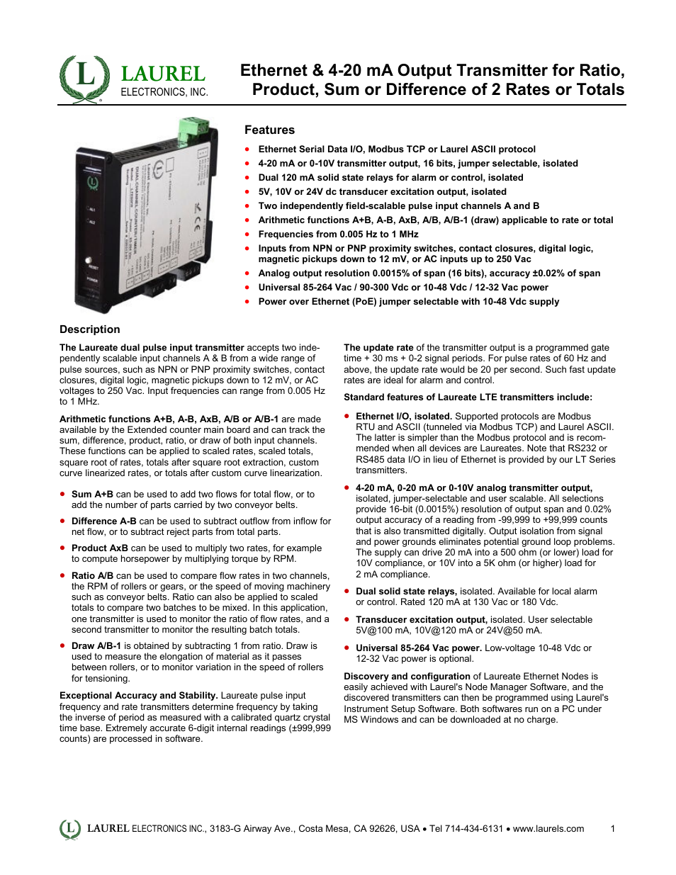 LTE: Ethernet & 4-20 mA Output Transmitter for Ratio