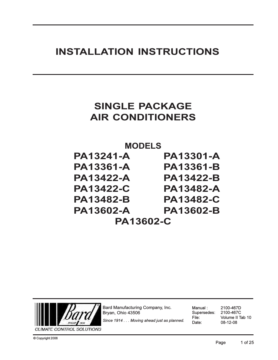 Single Package air Conditioners PA13241-A