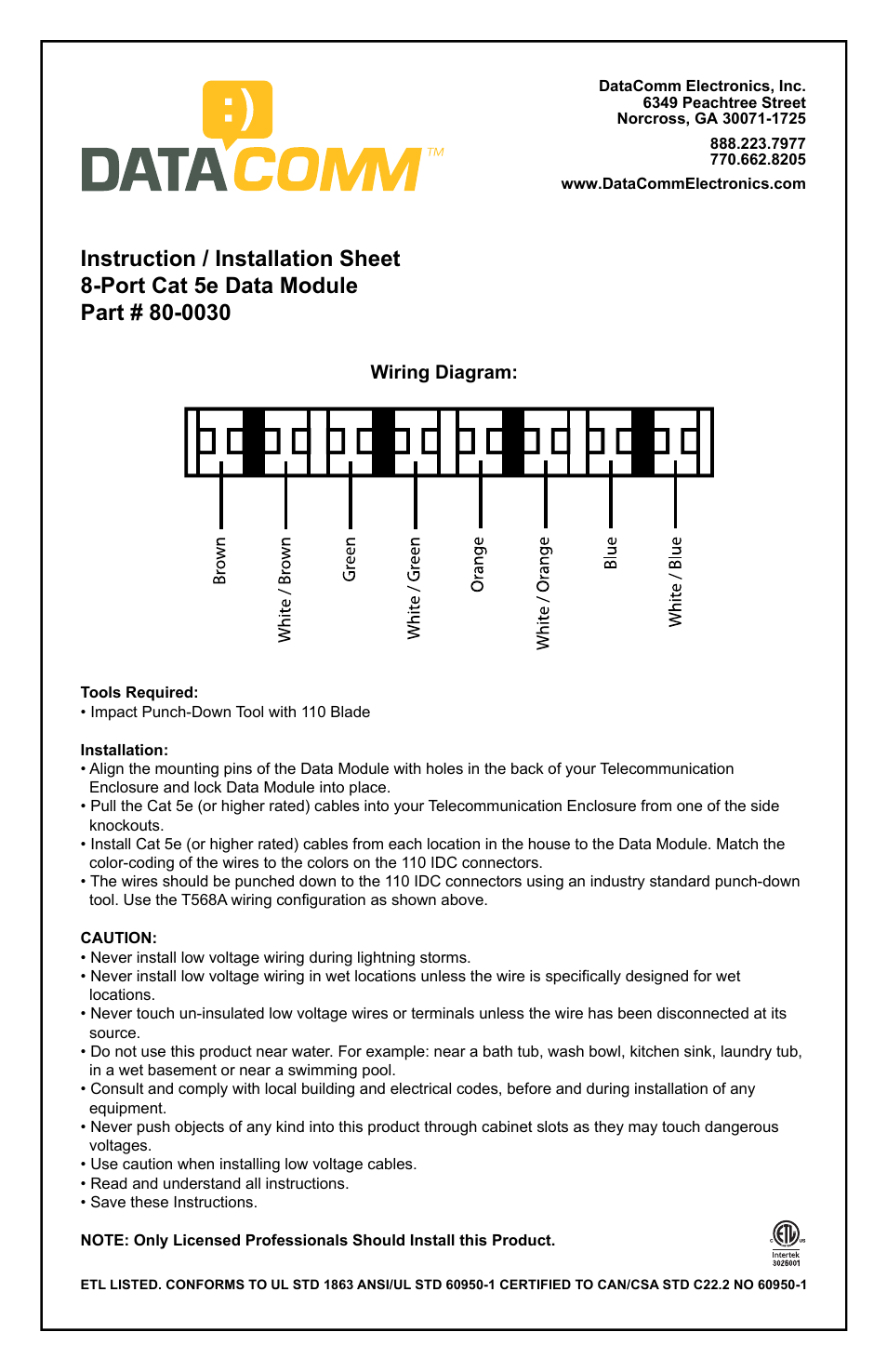 80-0030 8-Port Cat 5e Data Module