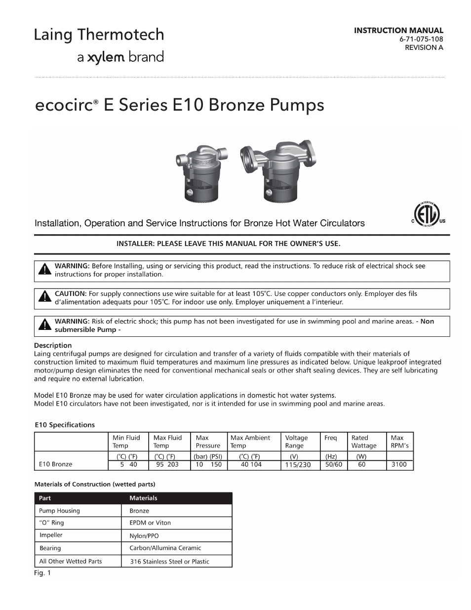 6 71 075 108A ecocirc E Series E10 Bronze Pumps
