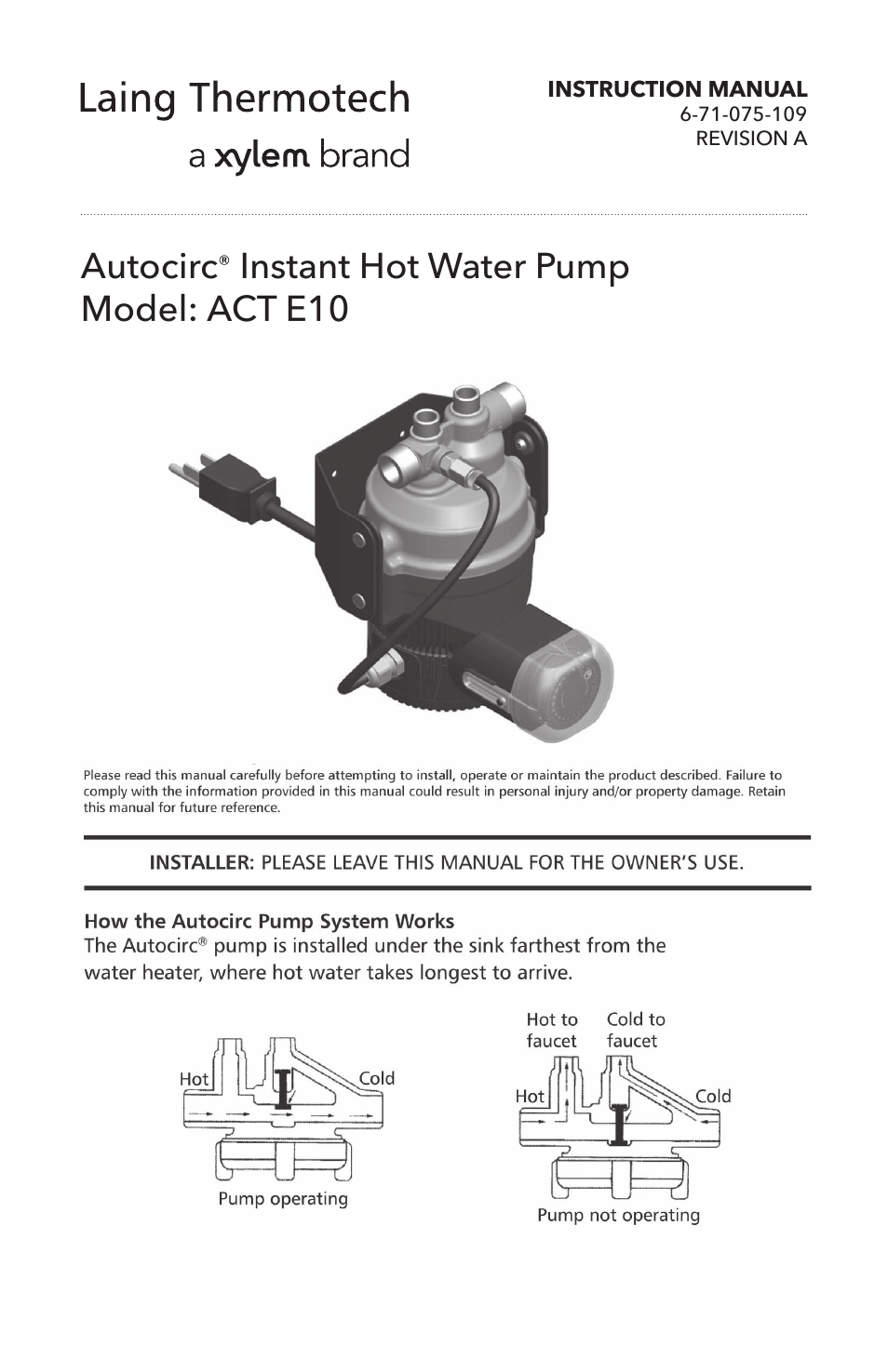 6 71 075 109A Autocirc Instant Hot Water Pump Model ACT E10