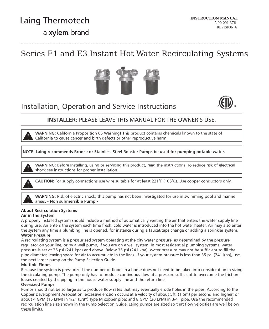 A 00 091 376A Series E1 and E3 Instant Hot Water Recirculating Systems