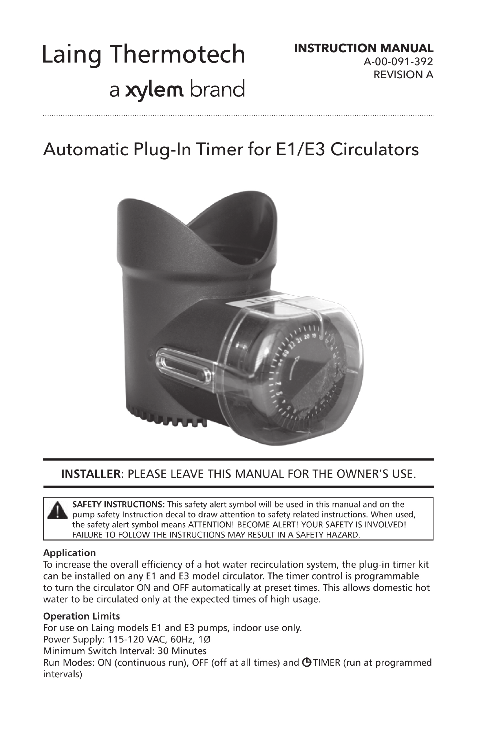 A 00 091 392A Automatic Plug-In Timer for E1_E3 Circulators