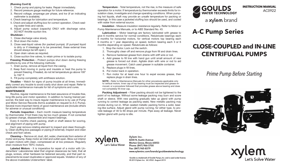 AC0922 GWT A-C Pump Series Close-Coupled and In-Line Centrifugal Pumps
