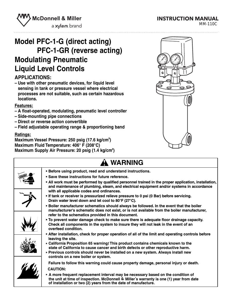 MM 110C Series PFC 1G PFC 1GR Modulating Pneumatic Liquid Level Controls