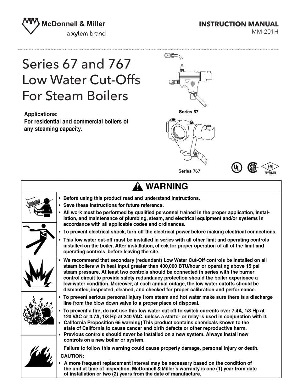 MM 201H Series 67 and 767 Low Water Cut-Offs For Steam Boilers