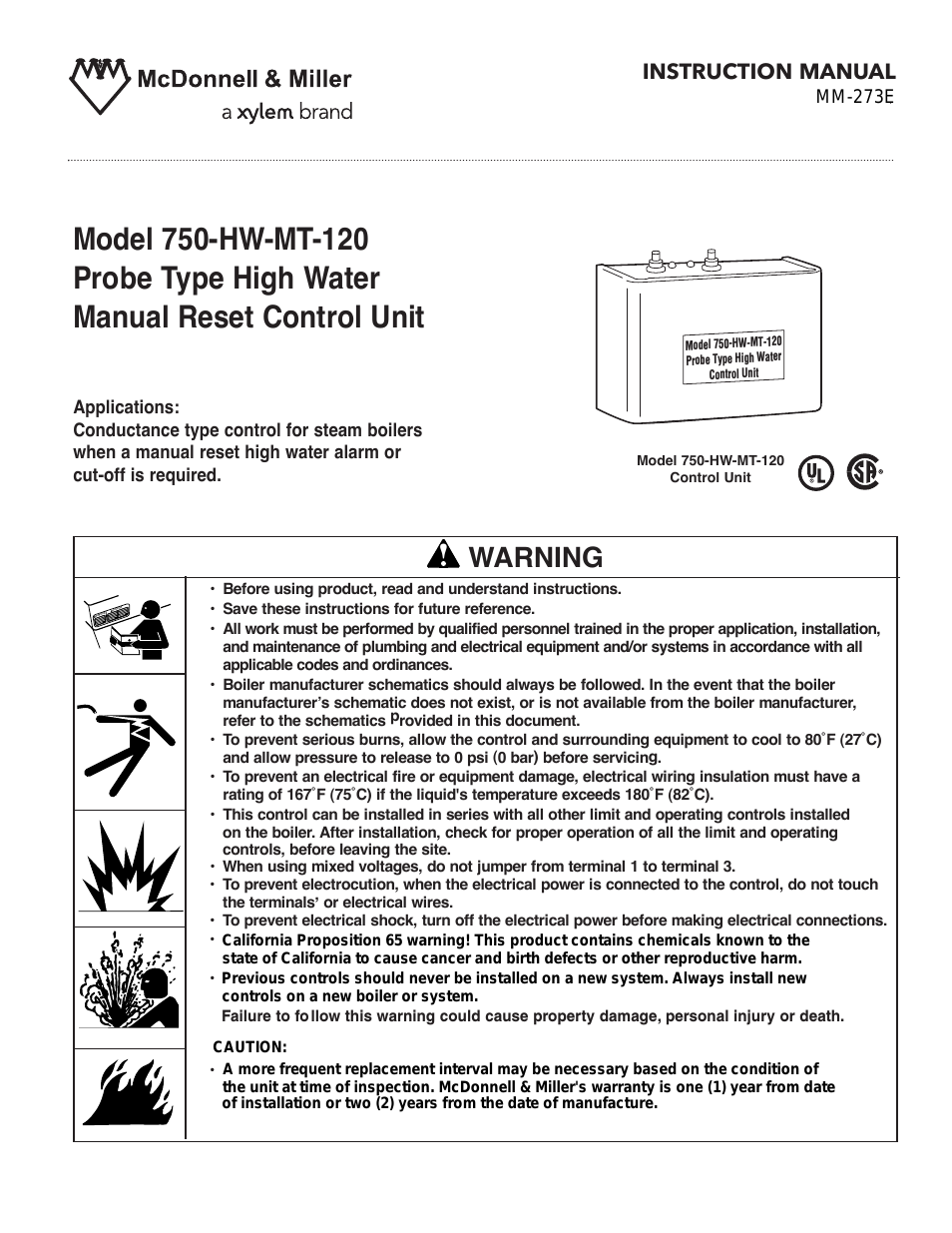 MM 273E Model 750-HW-MT-120 Probe Type High Water Manual Reset Control Unit